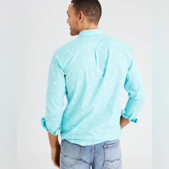 American Eagle Teal Blue Poplin Palm Tree Print Button Down Classic Fit Shirt - Picture 3 of 11